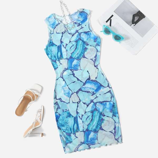 

Marble Print Lettuce Trim Dress, Multicolor