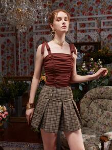 Leslie Samano Ruched Tie Shoulder Crop Cami Top - Chocolate Brown - View 6