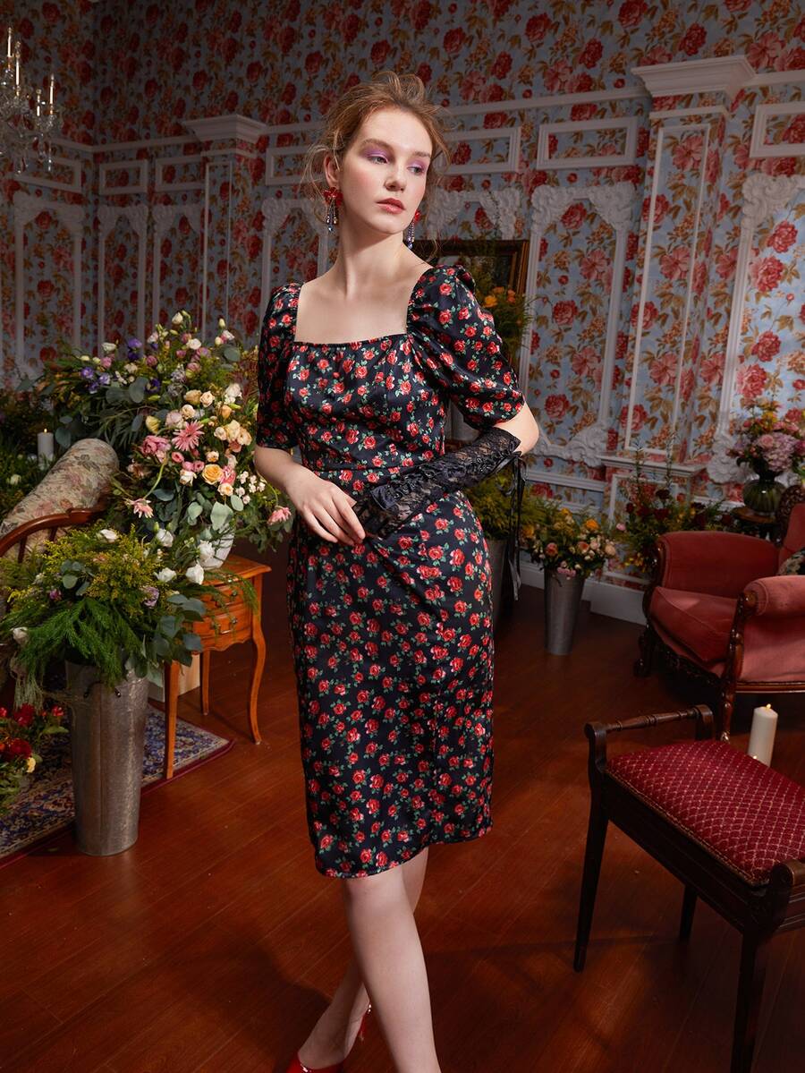 Natella Klycheva 印花方領高衩緞面緊身連衣裙 - 彩色 - 查看 1