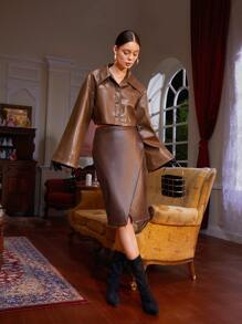 pol LOCK Áo khoác nữ Nút phía trước màu trơn Thanh lịch - Cà phê nâu - Xem 5