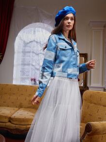 Leen Cazadora con bordado de letra de color combinado con diseño de solapa - Multicolor - Ver 5