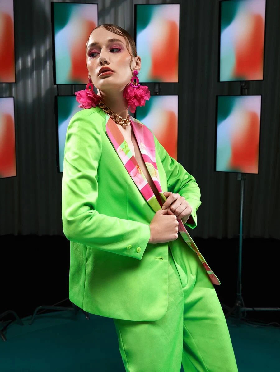 Becci Colour Block Waterfall Collar Single Breasted Blazer - Lime Green - View 1