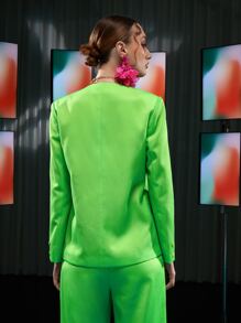 Becci Colour Block Waterfall Collar Single Breasted Blazer - Lime Green - View 2