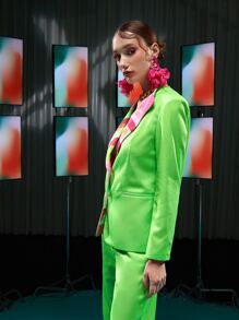 Becci Colour Block Waterfall Collar Single Breasted Blazer - Lime Green - View 3