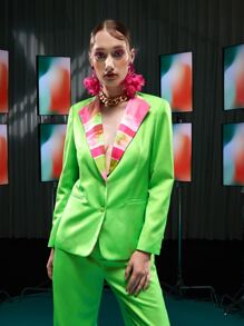 Becci Colour Block Waterfall Collar Single Breasted Blazer - Lime Green - View 4