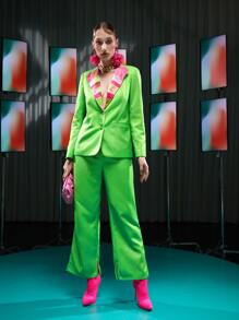 Becci Colour Block Waterfall Collar Single Breasted Blazer - Lime Green - View 5