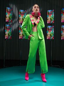 Becci Colour Block Waterfall Collar Single Breasted Blazer - Lime Green - View 6