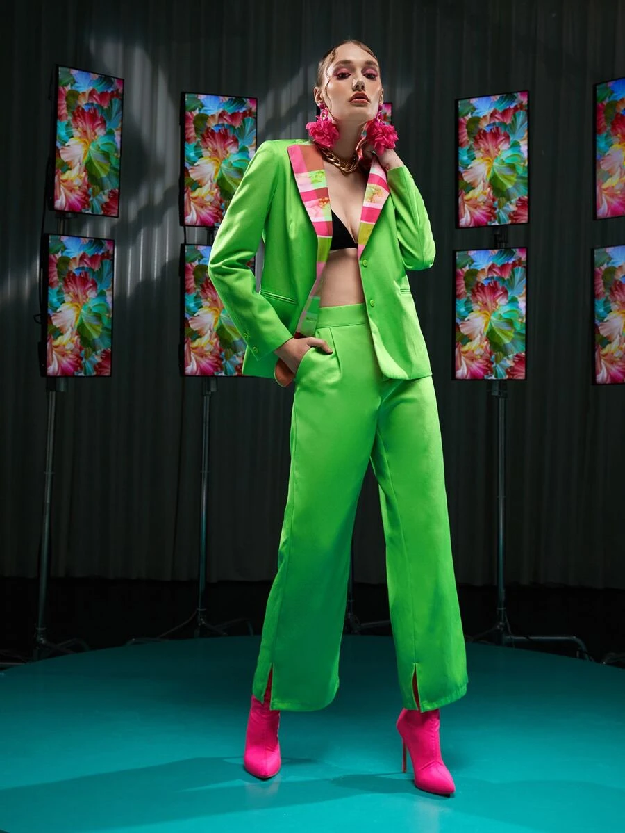 Becci High Waist Split Hem Trousers - Lime Green - View 1