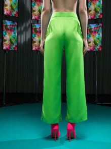 Becci High Waist Split Hem Trousers - Lime Green - View 2