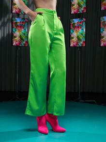 Becci High Waist Split Hem Trousers - Lime Green - View 3