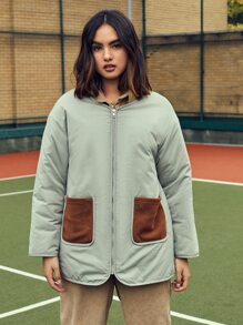 SHEIN EZwear 拉链落肩口袋贴片衬垫大衣 - 薄荷綠 - 查看 1