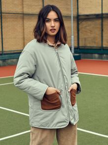 SHEIN EZwear 拉链落肩口袋贴片衬垫大衣 - 薄荷綠 - 查看 3
