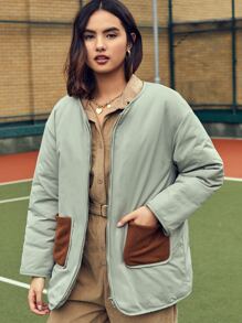 SHEIN EZwear 拉链落肩口袋贴片衬垫大衣 - 薄荷綠 - 查看 4