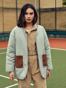 SHEIN EZwear 拉链落肩口袋贴片衬垫大衣 - 薄荷綠 - 查看 5