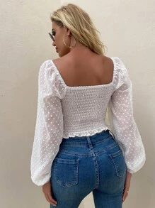 SHEIN Clasi Áo sơ mi nữ Tương phản ren Dải chun màu trơn Boho - trắng - Xem 2