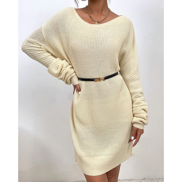 

Drop Shoulder Sweater Dress Without Belt, Beige