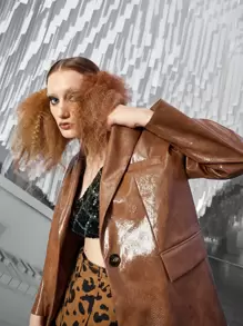 SHEIN ICON Single Button PU Leather Blazer - Coffee Brown - View 3