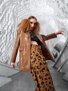 SHEIN ICON Single Button PU Leather Blazer - Coffee Brown - View 1