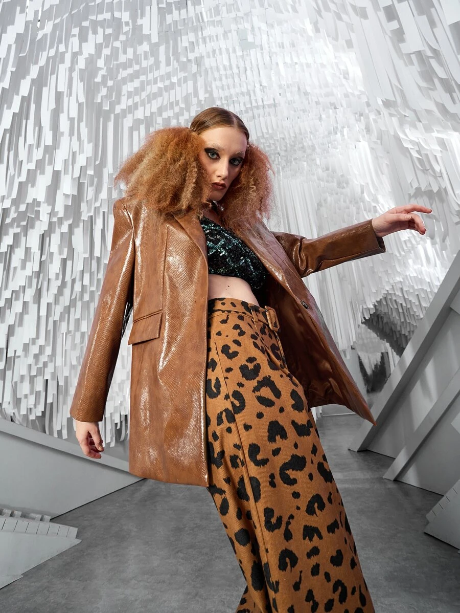 SHEIN ICON Single Button PU Leather Blazer - Coffee Brown - View 1