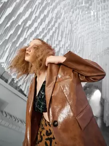 SHEIN ICON Single Button PU Leather Blazer - Coffee Brown - View 9