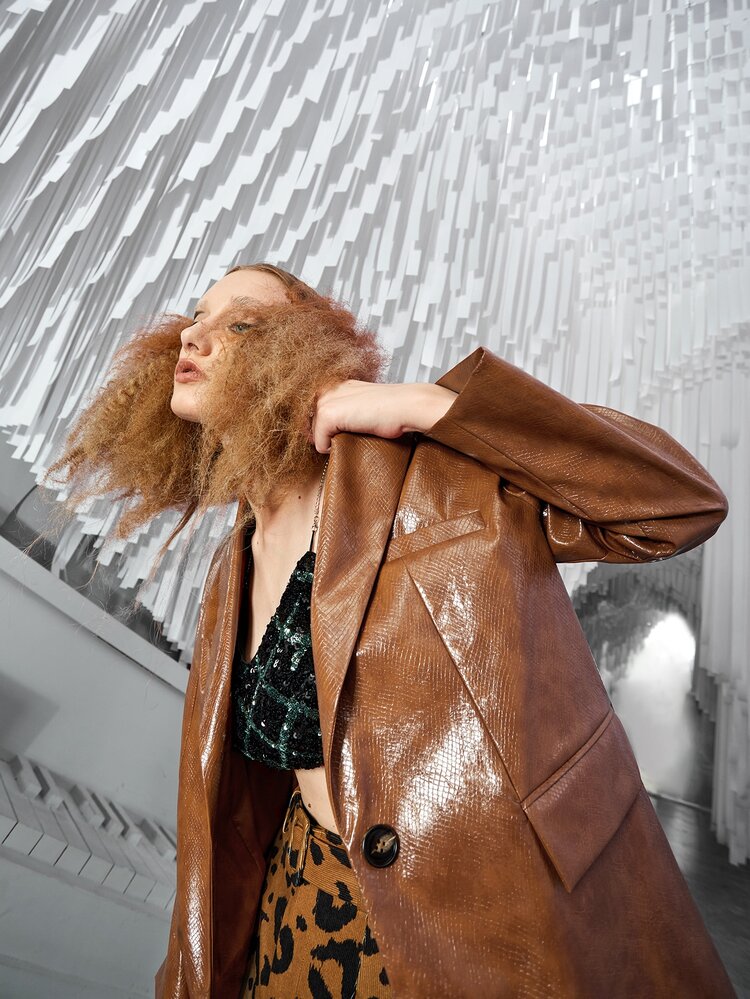 Single Button PU Leather Blazer