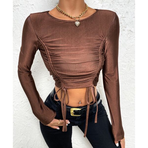 

Solid Ruched Drawstring Lace Up Crop Tee, Coffee brown