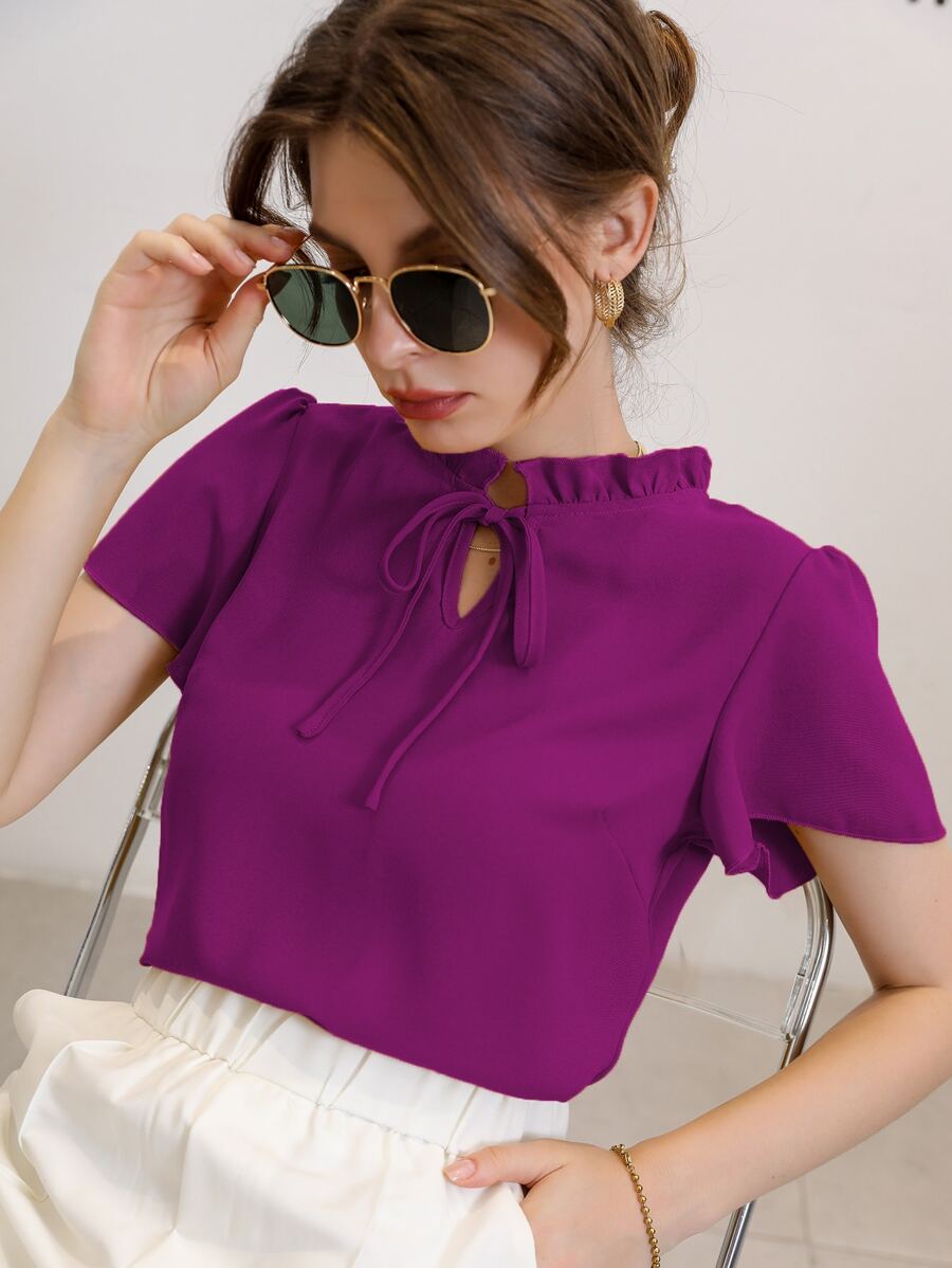 Mulvari Tie Neck Puff Sleeve Blouse,Short Sleeve Tops - Purple - View 1