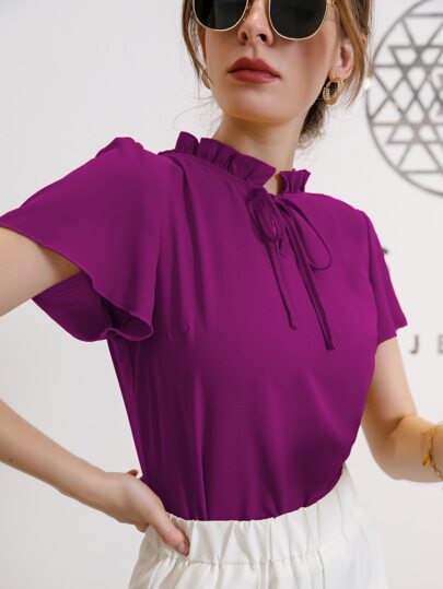 Mulvari Blusa con cuello de corbata y manga abullonada, blusas de manga corta