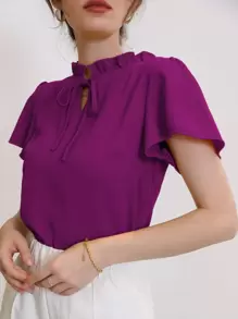 Mulvari Tie Neck Puff Sleeve Blouse,Short Sleeve Tops - Purple - View 4