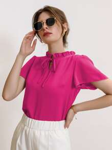 Camisa de manga farol de cuello con cordón - Rosa Fucsia - Ver 3