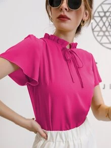 Camisa de manga farol de cuello con cordón - Rosa Fucsia - Ver 6