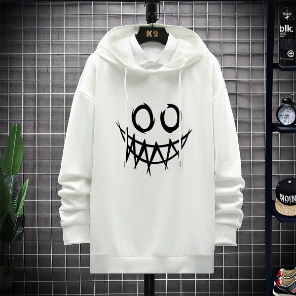 

Men Cartoon Face Print Drop Shoulder Drawstring Hoodie Without Shirt, Beige