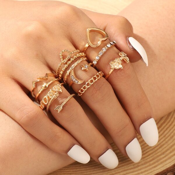 

12pcs Heart & Letter Decor Ring, Gold