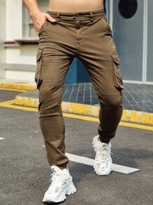 Hombres Pantalones cargo con bolsillo oblicuo - Marrón Mocha - Ver 1