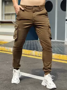Hombres Pantalones cargo con bolsillo oblicuo - Marrón Mocha - Ver 3