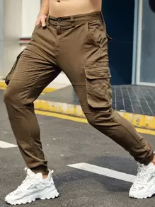 Hombres Pantalones cargo con bolsillo oblicuo - Marrón Mocha - Ver 6