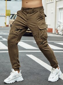 男士翻蓋口袋迷彩印花長褲 - 卡其色 - 查看 1