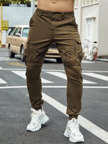 男士翻蓋口袋迷彩印花長褲 - 卡其色 - 查看 3