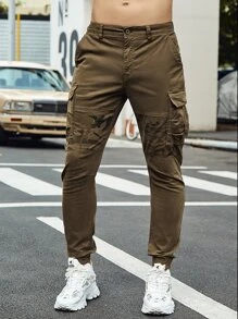 男士翻蓋口袋迷彩印花長褲 - 卡其色 - 查看 4