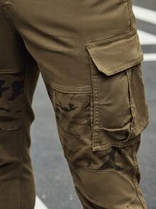 男士翻蓋口袋迷彩印花長褲 - 卡其色 - 查看 5