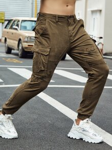 男士翻蓋口袋迷彩印花長褲 - 卡其色 - 查看 6