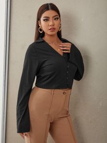 Plus Ribbed Knit Button Front Top - Black - View 1