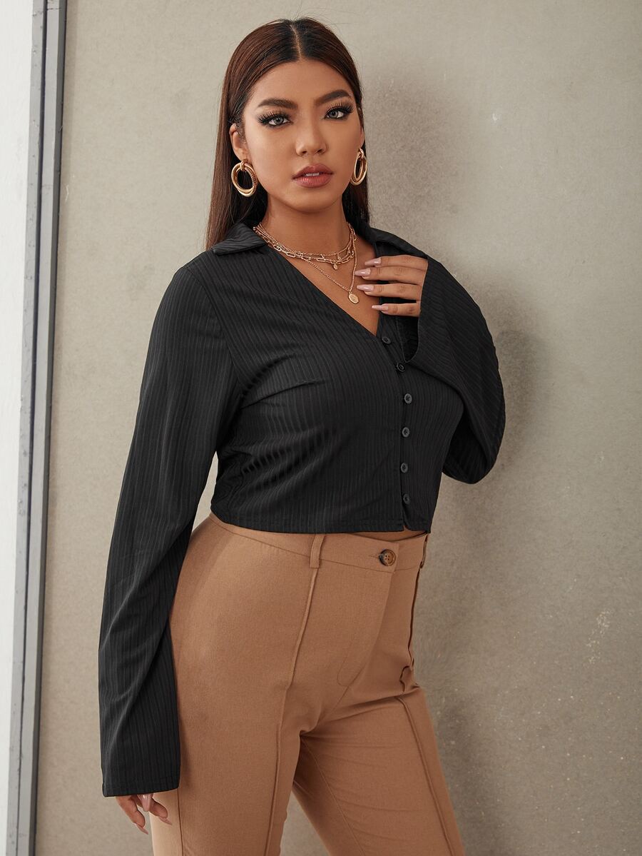 Plus Ribbed Knit Button Front Top - Black - View 1