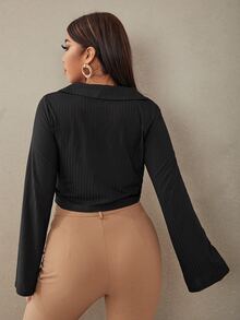 Plus Ribbed Knit Button Front Top - Black - View 2