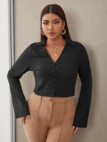 Plus Ribbed Knit Button Front Top - Black - View 4