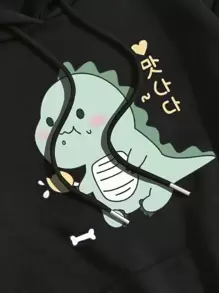 INAWLY 卡通和韓文字母圖案抽繩加絨內裏連帽衫