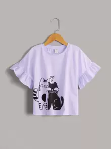 SHEIN Top con estampado de gato de puño con fruncido - Púrpura malva - Ver 1