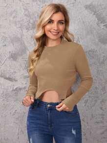 SHEIN Essnce Top tejido de canalé bajo asimétrico con diseño de aro - Marrón - Ver 1