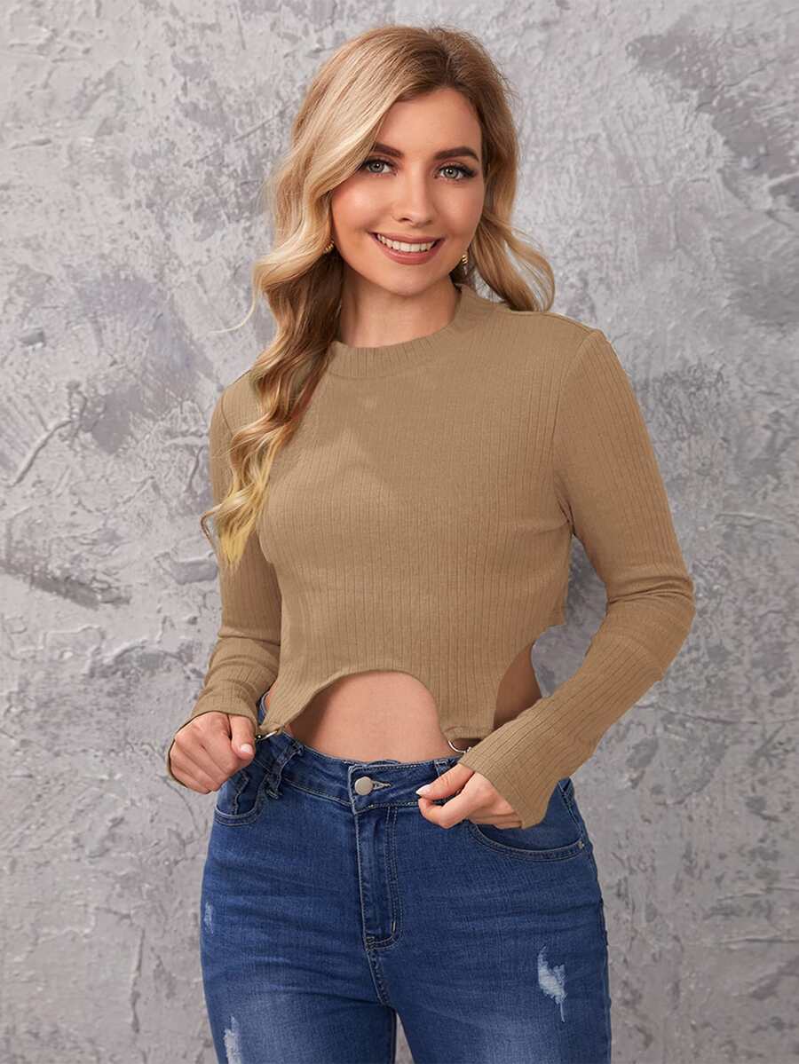 SHEIN Essnce Top tejido de canalé bajo asimétrico con diseño de aro - Marrón - Ver 1