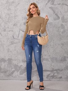 SHEIN Essnce Top tejido de canalé bajo asimétrico con diseño de aro - Marrón - Ver 4